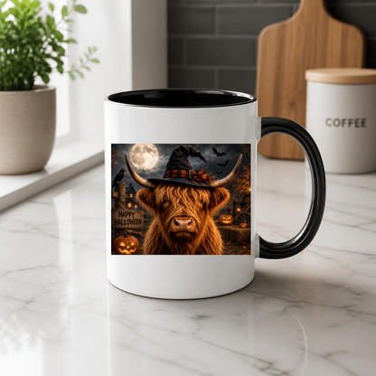 Spooky Mug "Spooky Witch Highland Cow" Witchy Highland Cow 325ml Ceramic Coffee Mug Gothic Halloween Tea Cup with Witch Hat and Full Moon Graphic Gift | Available in Multicolours | Fast Dispatch by UK Seller (M3158)