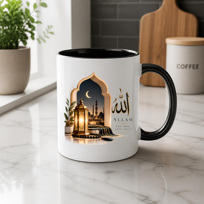 Islamic Mug "Allah The One And Only" Allah The One And Only 325ml Ceramic Coffee Mug – Elegant Arabic Calligraphy, Glowing Lantern & Mosque Archway Artwork | Islamic Spiritual Gift | Fast Dispatch by UK Seller (M3479)