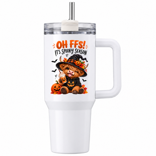 Halloween Highland Cow Travel Tumbler "Oh FFS! It's Spooky Season" Graphic 40oz Stainless Steel Insulated Travel Mug with Handle & Straw – Funny Witch Cow Pumpkin Iced Latte Gift | Fast Dispatch by UK Seller (T3043)
