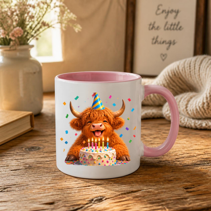Festive Mug Birthday Highland Cow Ceramic Coffee Mug – Cute Celebration Farm Animal Party Hat & Cake Tea Cup Gift 350ml | Available in Multicolours | Fast Dispatch by UK Seller (M1229)