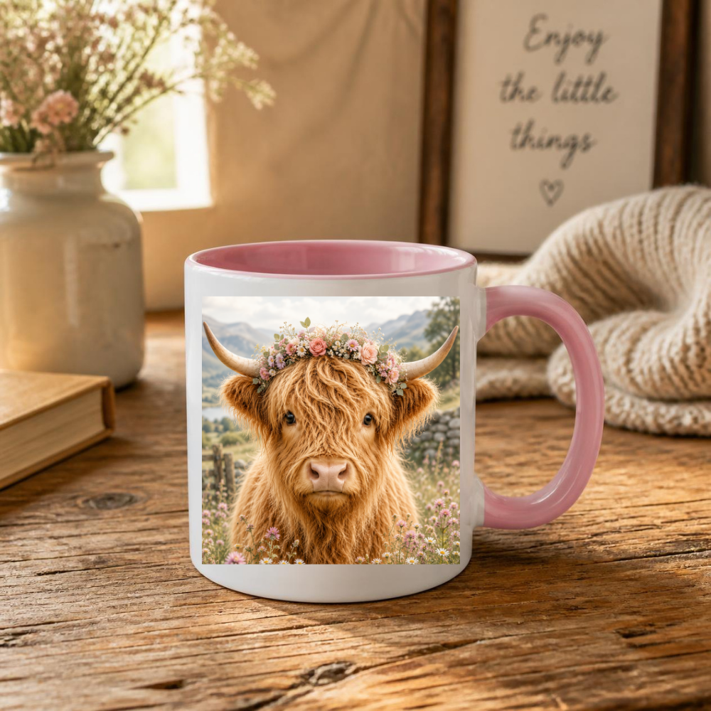 Fluffy Highland Cow Coffee Mug with Floral Crown - Cute Farmhouse Animal Ceramic Tea Cup for Rustic Kitchen Decor & Nature Lovers (M1202)