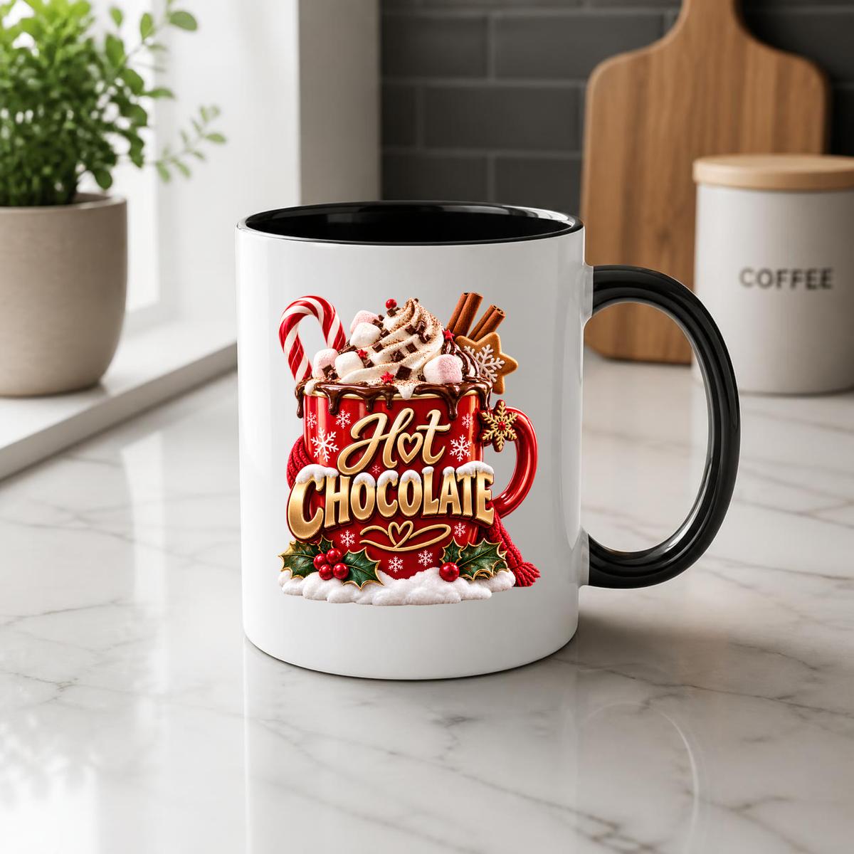 Christmas Mug "Hot Chocolate" Hot Chocolate 325ml Ceramic Coffee Mug – Festive Red Mug with Marshmallows, Candy Cane, Cinnamon & Whipped Cream Art | Winter Holiday Gift | Fast Dispatch by UK Seller (M3359)