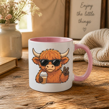 Cool Highland Cow Drinking Iced Coffee Mug - Cute Animated Farm Animal Ceramic Tea Cup with Sunglasses & Peace Sign (M1203)