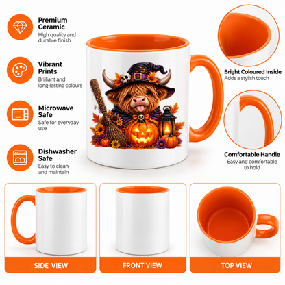Halloween Mug "Cute Witch Highland Cow" Cute Witch Highland Cow 325ml Ceramic Coffee Mug – Halloween Autumn Tea Cup with Witch Hat, Jack-o Lantern Broom Lantern Autumn Leaves Graphic Gift | Available in Multicolours | Fast Dispatch by UK Seller (M3200)
