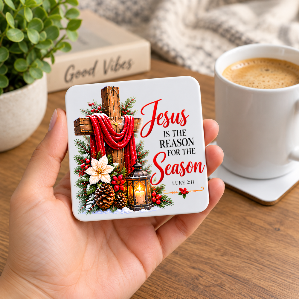 Inspirational Religious Hardboard Coaster "Jesus Is The Reason For The Season" Graphic 9cm x 9cm Square Drinks Coaster “ Rustic Wooden Cross with Red Cloth, Poinsettias & Candle Lantern Novelty Mat | Christian Gift | Fast Dispatch by UK Seller (C3033)