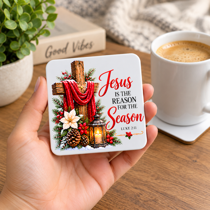 Inspirational Religious Hardboard Coaster "Jesus Is The Reason For The Season" Graphic 9cm x 9cm Square Drinks Coaster “ Rustic Wooden Cross with Red Cloth, Poinsettias & Candle Lantern Novelty Mat | Christian Gift | Fast Dispatch by UK Seller (C3033)