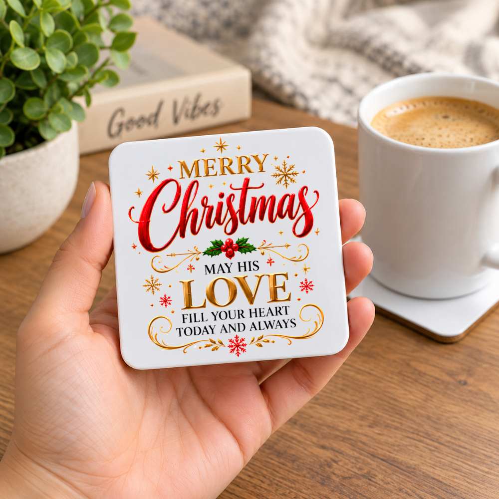 Festive Christian Christmas Coaster "Merry Christmas May His Love Fill Your Heart Today and Always" Graphic Glossy Hardboard 9x9cm Drinks Mat – Golden & Red Script Holiday Tableware Gift | Fast Dispatch by UK Seller (C3053)