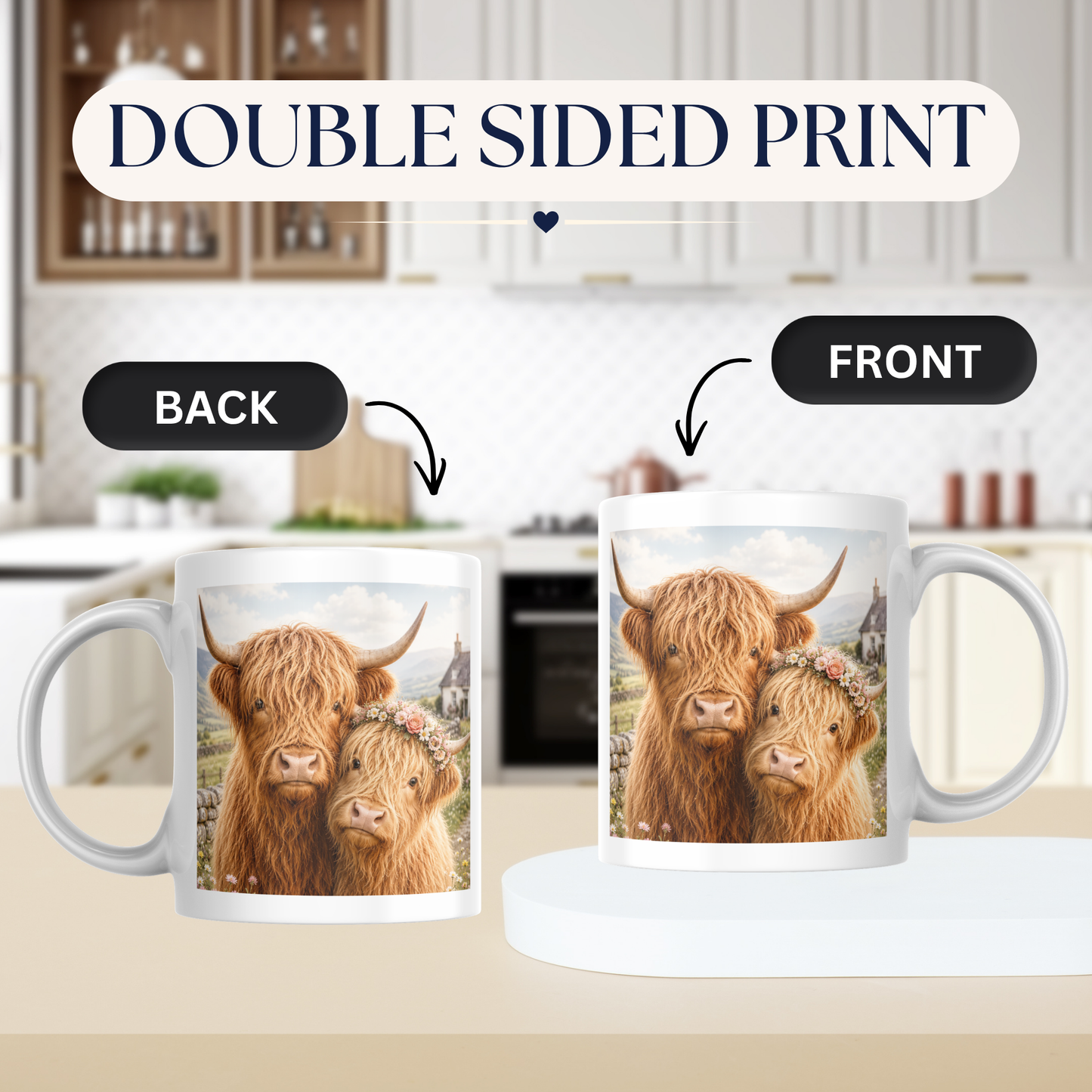 Cute Highland Cow Coffee Mug with Floral Crown - Fluffy Farmhouse Animal Ceramic Tea Cup for Cow Lovers & Rustic Kitchen Decor (M1201)