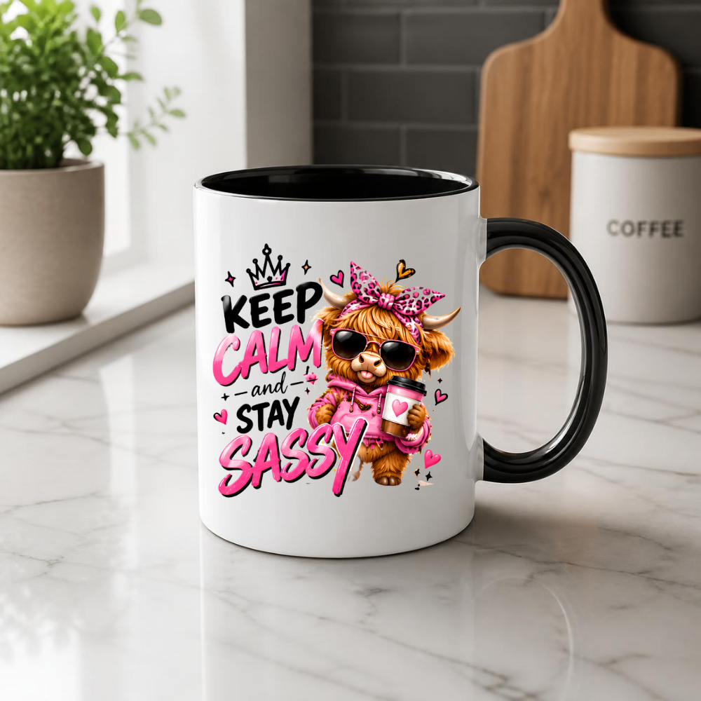 Highland Cow Mug "Keep Calm And Stay Sassy" 325ml Ceramic Coffee Tea Cup – Pink Leopard Bow, Hoodie, Coffee & Slogan Novelty Gift for Bestie, Women, Birthday – Fast Dispatch by UK Seller (M3503)
