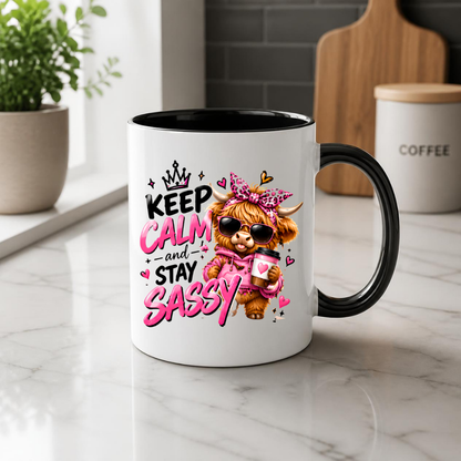 Highland Cow Mug "Keep Calm And Stay Sassy" 325ml Ceramic Coffee Tea Cup – Pink Leopard Bow, Hoodie, Coffee & Slogan Novelty Gift for Bestie, Women, Birthday – Fast Dispatch by UK Seller (M3503)