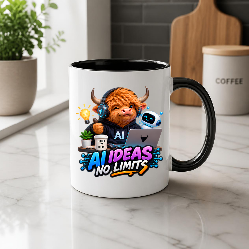Tech Mug "AI Ideas No Limits Highland Cow" 325ml Ceramic Mug – Cute Highland Cow in Hoodie with Laptop, Headphones Little Robot Companion Modern Tech Gift For Developers AI Enthusiasts | Available in Multicolours | Fast Dispatch by UK Seller (M3228)