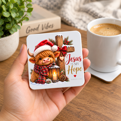 Festive Christian Christmas Coaster "Jesus Is My Hope Romans 15:13" Graphic Glossy Hardboard 9x9cm Drinks Mat – Highland Cow, Wooden Cross & Lantern Holiday Tableware Gift | Fast Dispatch by UK Seller (C3059)