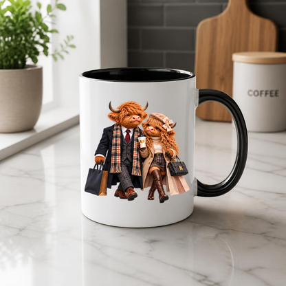 Fashion Mug "Stylish Highland Cow Couple Shopping" Stylish Highland Cow Couple 325ml Ceramic Coffee Mug – Chic Autumn Fashion Tea Cup with Winter Overcoats Designer Handbag Graphic Gift | Available in Multicolours | Fast Dispatch by UK Seller (M3188)