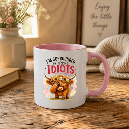 Funny Facepalm Highland Cow "I'm Surrounded by Fucking Idiots" Coffee Mug - Sarcastic Farm Animal Ceramic Tea Cup with Sunflower Crown & Relatable Meme Quote Gift (M1210)