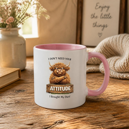 Funny Grumpy Highland Cow "I Don't Need Your Attitude" Coffee Mug - Sarcastic Farm Animal Ceramic Tea Cup with Crossed Arms & Wooden Sign Quote Gift (M1208)