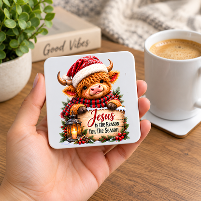 Christmas Highland Cow Hardboard Coaster "Jesus is the Reason for the Season" Graphic 9cm x 9cm Square Drinks Coaster “ Cute Calf in Santa H