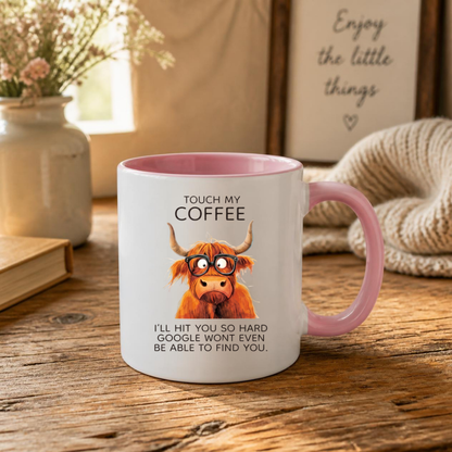 Funny Highland Cow "Touch My Coffee" Coffee Mug - Sarcastic Meme Animal Ceramic Tea Cup with Glasses & Funny Quote Gift (M1206)
