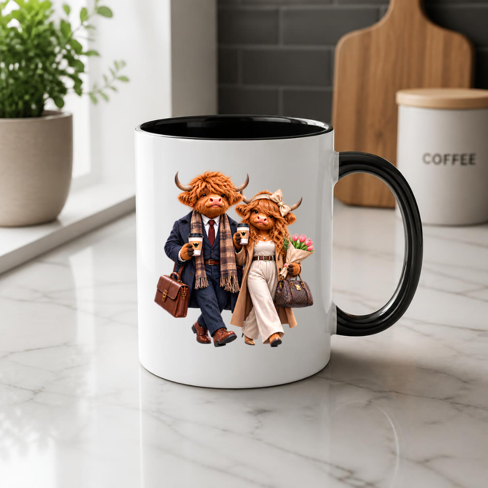 Highland Cow Mug "Dressed To Impress Highland Cow Couple" 325ml Ceramic Coffee Mug – Stylish Highland Cow Couple in Suits Trench Coats Carrying Coffee Romantic Gift For Couples Anniversaries | Available in Multicolours | Fast Dispatch by UK Seller (M3259)