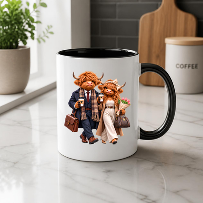 Highland Cow Mug "Dressed To Impress Highland Cow Couple" 325ml Ceramic Coffee Mug – Stylish Highland Cow Couple in Suits Trench Coats Carrying Coffee Romantic Gift For Couples Anniversaries | Available in Multicolours | Fast Dispatch by UK Seller (M3259)