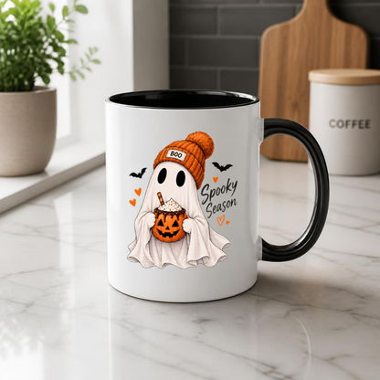 Halloween Mug "Ghost Spooky Season" Ghost Spooky Season 325ml Ceramic Coffee Mug – Cute Halloween Autumn Tea Cup with Sheet Ghost, "BOO" Orange Beanie Pumpkin Spice Coffee Mug Graphic Gift | Available in Multicolours | Fast Dispatch by UK Seller (M3222)