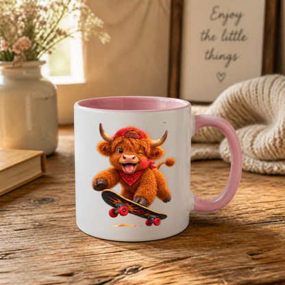 Skateboard Highland Cow Ceramic Coffee Mug - Cool Fluffy Farm Animal Baseball Cap & Bandana Tea Cup for Skaters & Animal Lovers (M1220)