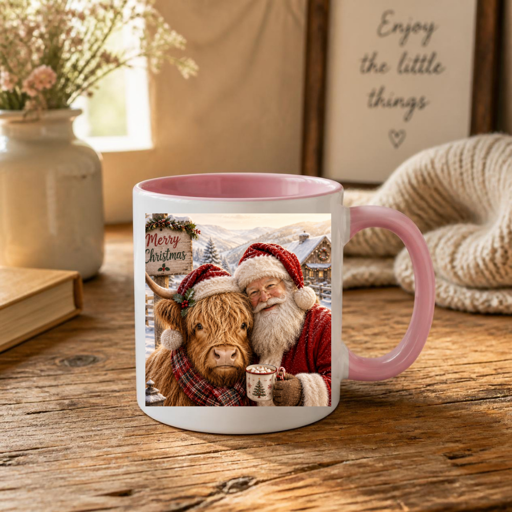 Festive Santa and Highland Cow Christmas Coffee Mug - Cozy Winter Holiday Ceramic Tea Cup with Plaid Scarf & Snow Scene Gift (M1214)
