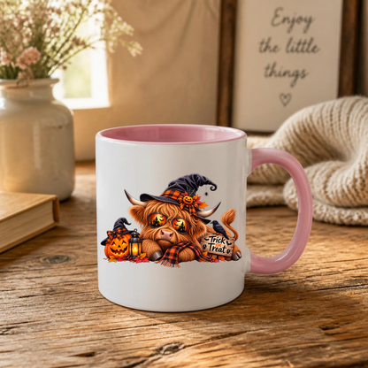 Cool Spooky Halloween Highland Cow Coffee Mug - "Trick or Treat" Jack-o'-Lantern & Witch Hat Ceramic Tea Cup for Fall Season Decor (M1213)