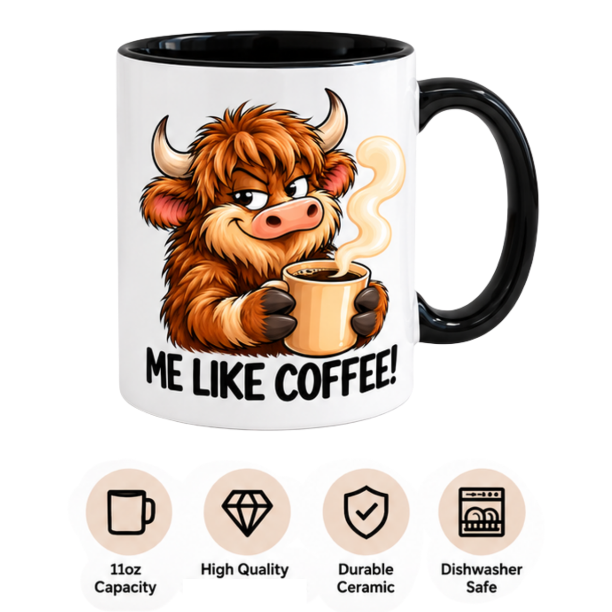 Funny Highland Cow Coffee Mug "ME LIKE COFFEE!" –  Cute Cheeky Cow Cartoon 350ml Ceramic Cup with Black Handle, 11oz, Funny Coffee Quote Mug for Coffee Lovers, Unique Novelty Gift for Him Her, Home Office Coffee Breaks | Fast Dispatch by UK Seller (M1106)