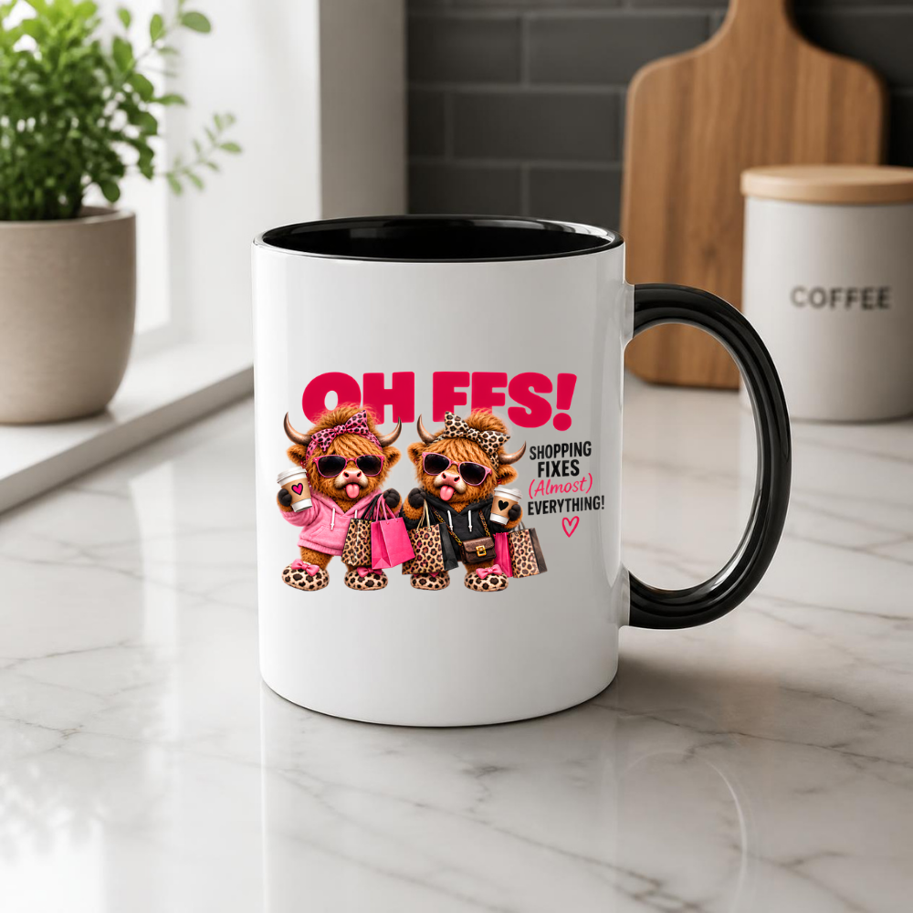 Shopping Highland Cows Mug "OH FFS! Shopping Fixes (Almost) Everything!" Oh Ffs! Shopping Fixes (Almost) Everything! 325ml Coffee Mug –Cute Highland Cows with Shopping Bags, Coffee Cups & Sunglasses | Funny Bestie Gift | Fast Dispatch by UK Seller (M3367)