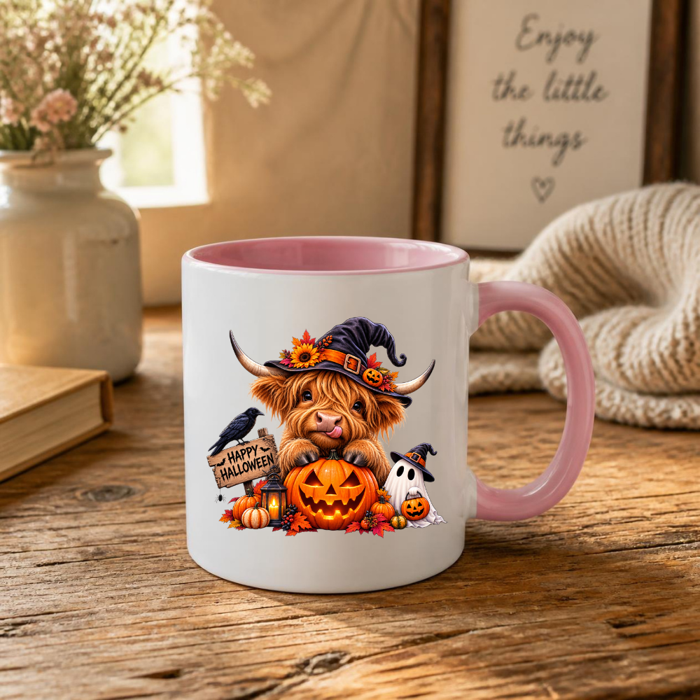 Spooky Cute Halloween Highland Cow Coffee Mug - Witch Hat & Jack-o'-Lantern Pumpkin Ceramic Tea Cup for Fall & Spooky Season Decor (M1212)