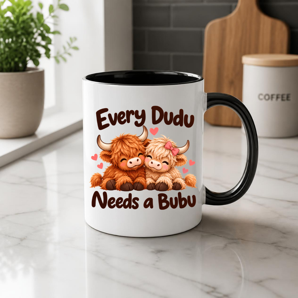 Cute Highland Cow Mug "Every Dudu Needs A Bubu" Every Dudu Needs A Bubu 325ml Ceramic Coffee Mug – Adorable Cuddling Couple Highland Cows with Pink Bow & Floating Hearts | Romantic Couple Gift | Fast Dispatch by UK Seller (M3455)