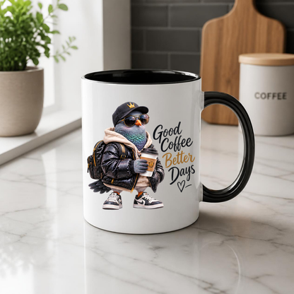 Coffee Mug "Good Coffee Better Days Cool Pigeon" 325ml Ceramic Coffee Mug – Cool Pigeon in Cap, Sunglasses, Puffer Jacket Sneakers Funny Streetwear Bird Mug Gift For Coffee Lovers Friends | Available in Multicolours | Fast Dispatch by UK Seller (M3234)
