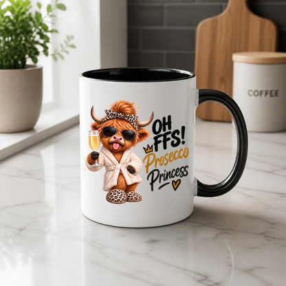 Highland Cow Prosecco Princess Mug "Oh FFS! Prosecco Princess" Oh FFS! Prosecco Princess 325ml Ceramic Coffee Mug – Cute Highland Cow in Bathrobe, Leopard Bow & Slippers holding Champagne Flute | Funny Gift | Fast Dispatch by UK Seller (M3393)