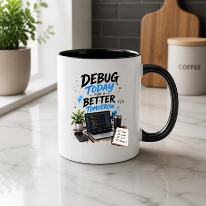 Tech Mug "Debug Today For A Better Tomorrow" Debug Today For A Better Tomorrow 325ml Ceramic Coffee Mug – Developer Desk Mug with Laptop Code, Smartphone & Plan Code Test Repeat Notepad | IT Gift | Fast Dispatch by UK Seller (M3331)