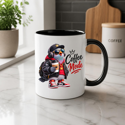 Coffee Mug "Coffee Mode Cool Pigeon" 325ml Ceramic Coffee Mug – Cool Pigeon in Cap, Headphones, Leather Jacket, Hoodie & Sneakers Funny Streetwear Bird Mug Gift For Coffee Lovers Friends | Available in Multicolours | Fast Dispatch by UK Seller (M3240)