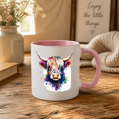 Colorful Watercolor Splash Highland Cow Ceramic Coffee Mug (M1209)