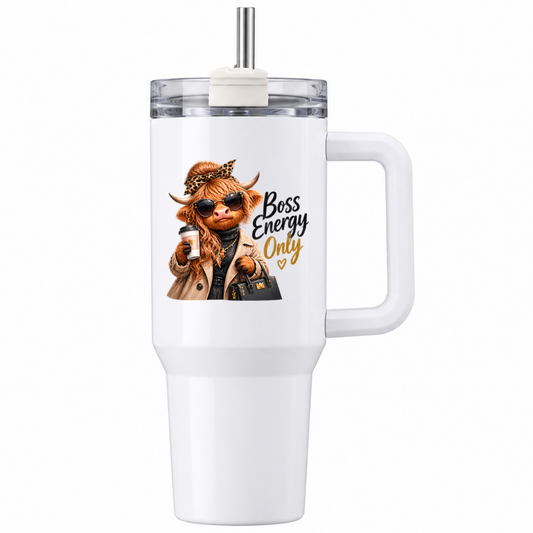 Sassy Highland Cow Travel Tumbler "Boss Energy Only" Graphic 40oz Stainless Steel Insulated Travel Mug with Handle & Straw – Fashion Cow in Trench Coat, Sunglasses, Handbag & Coffee Novelty Travel Cup | Fast Dispatch by UK Seller (T3020)