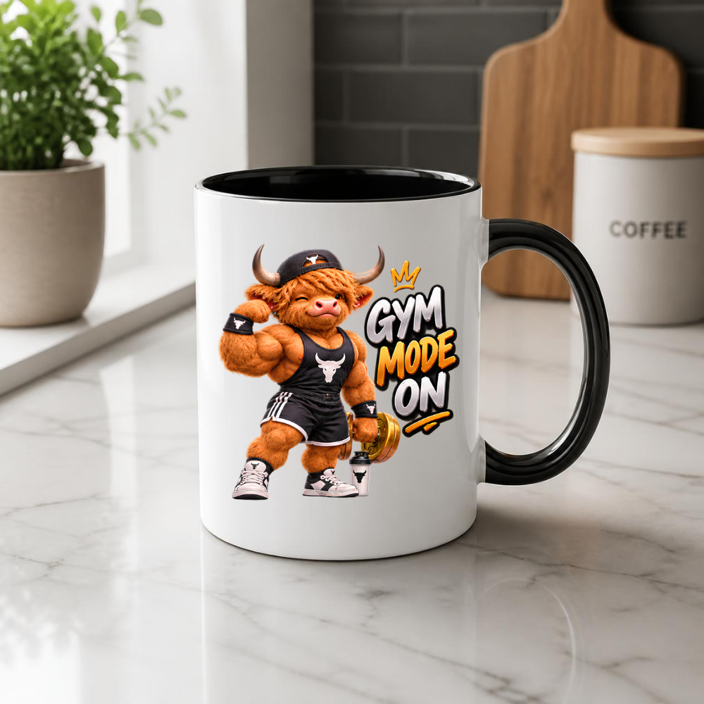 Gym Mug "Gym Mode ON Muscular Highland Cow" Gym Mode ON 325ml Ceramic Coffee Mug – Muscular Winking Highland Cow in Tank Top & Cap Flexing Bicep Holding Gold Dumbbell Shaker Gym Fitness Gift | Available in Multicolours | Fast Dispatch by UK Seller (M3271)