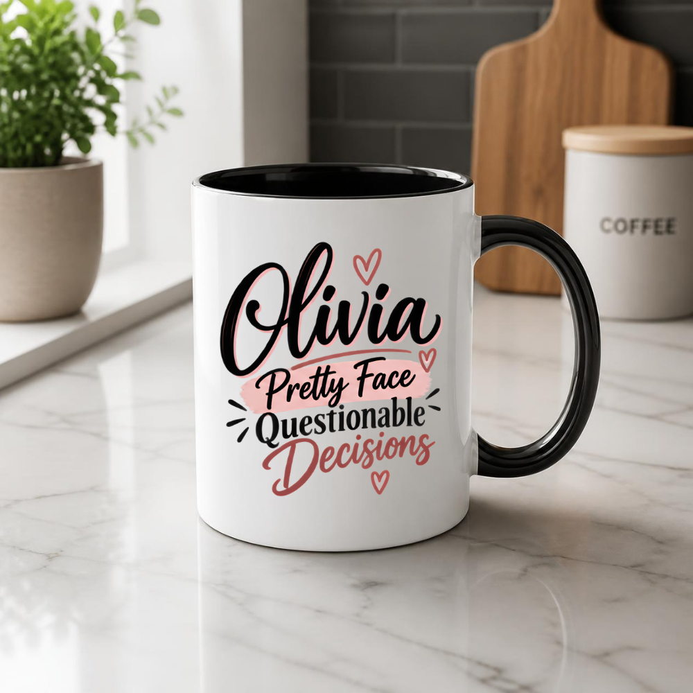 Personalized Name Mug "Olivia Pretty Face Questionable Decisions" Olivia Pretty Face Questionable Decisions 325ml Ceramic Coffee Mug – Custom Name Typography Slogan with Pink Brushstrokes & Hearts | Funny Gift | Fast Dispatch by UK Seller (M3406)