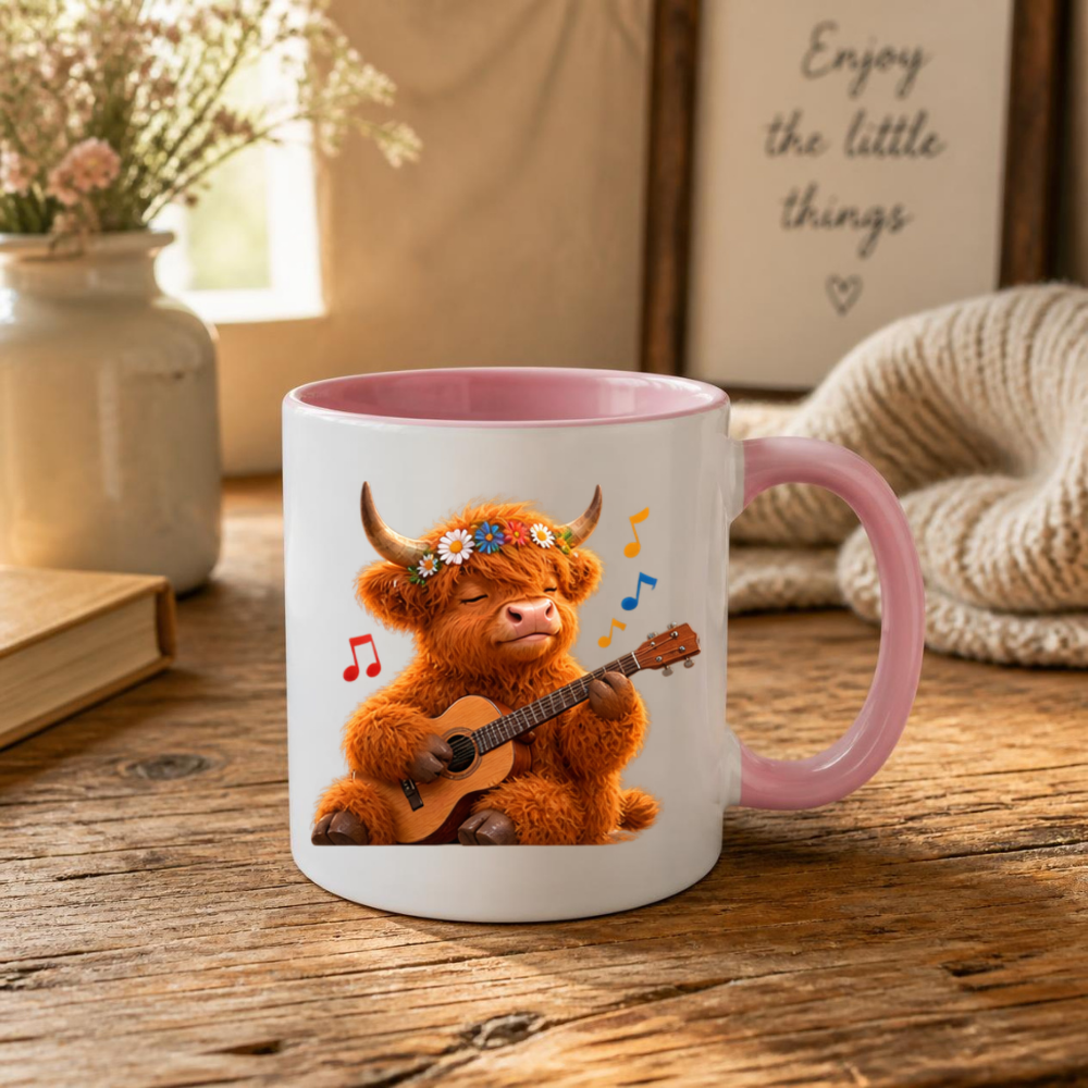 Highland Cow Playing Guitar Ceramic Coffee Mug - Cute Fluffy Farm Animal Flower Crown Tea Cup for Musicians & Music Lovers (M1219)