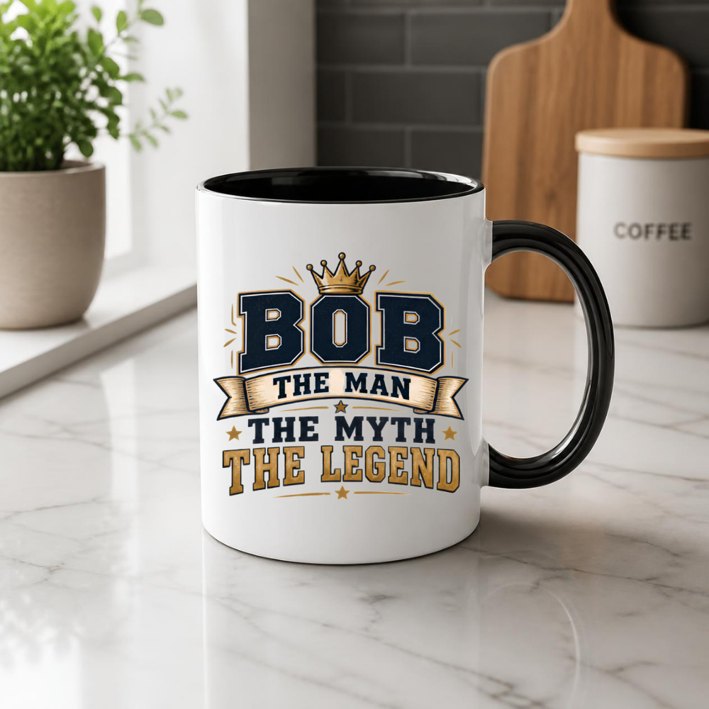 Personalized Name Mug "Bob The Man The Myth The Legend" Bob The Man The Myth The Legend 325ml Ceramic Coffee Mug – Custom Name Typography Slogan with Gold Crown, Banner & Stars | Funny Gift | Fast Dispatch by UK Seller (M3416)