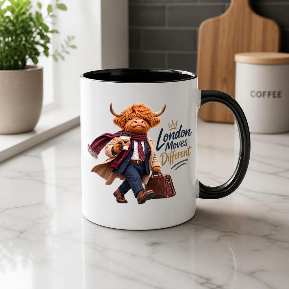 London Mug "London Moves Different Gentlemen Highland Cow" 325ml Ceramic Coffee Mug – Dapper Gentleman Highland Cow Commuter With Coffee Leather Briefcase Trench Coat Office Gift | Available in Multicolours | Fast Dispatch by UK Seller (M3283)