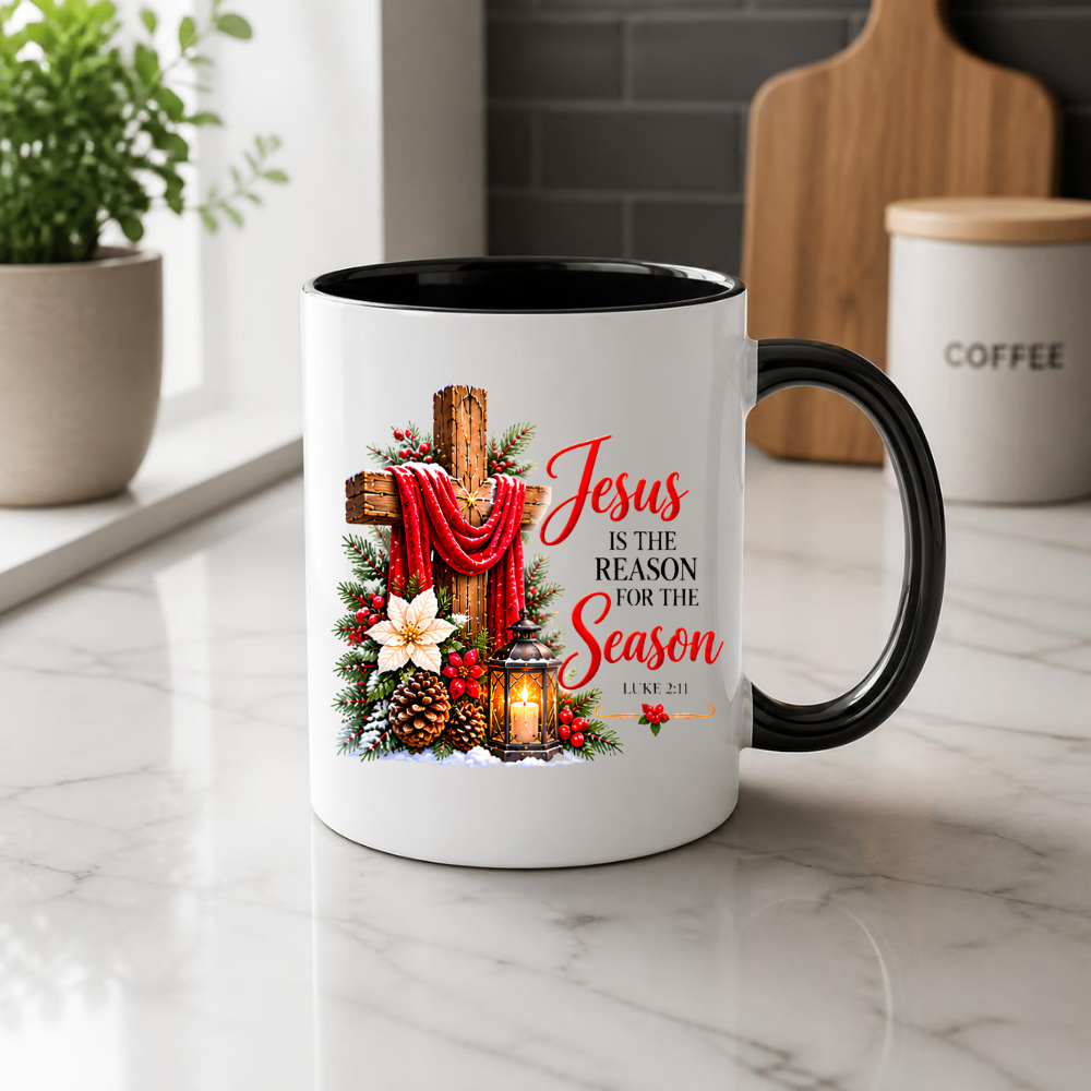 Religious Christmas Mug "Jesus Is The Reason For The Season" Jesus Is The Reason For The Season 325ml Ceramic Coffee Mug – Christian Christmas Cross Mug with Luke 2:11, Lantern & Poinsettia | Religious Holiday Gift | Fast Dispatch by UK Seller (M3337)