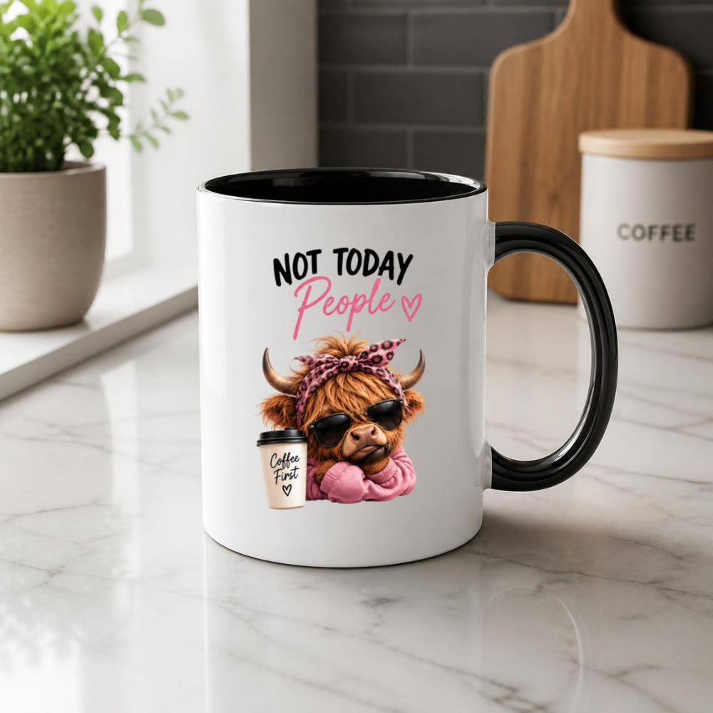 Sassy Highland Cow Mug "Not Today People, Coffee First" Graphic 325ml Ceramic Coffee Cup – Highland Cow in Sunglasses, Pink Hoodie & Leopard Bandana Novelty Tea Cup | Sarcastic Gift for Her | Available in Multicolours | Fast Dispatch by UK Seller (M3134)