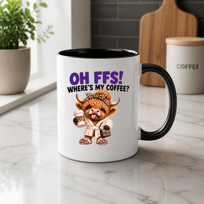 Highland Cow Coffee Mug "OH FFS! Where's My Coffee?" Oh Ffs! Where's My Coffee? 325ml Ceramic Coffee Mug – Cute Highland Cow in Bathrobe with Leopard Bow, Slippers & Coffee Cup | Funny Gift | Fast Dispatch by UK Seller (M3377)