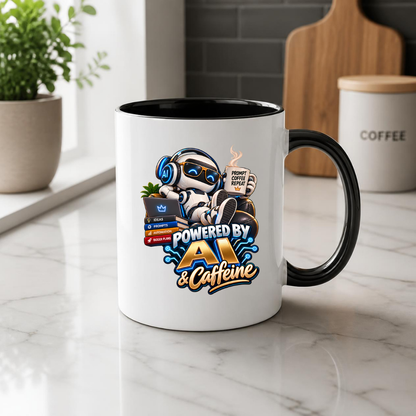 Tech Mug "Powered By AI & Caffeine" Powered By AI & Caffeine 325ml Ceramic Coffee Mug – Funny Robot Programmer Mug with Prompt Coffee Repeat & Tech Books | Gift for Techies | Fast Dispatch by UK Seller (M3323)