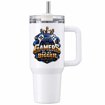 Cool Gaming Travel Tumbler "Gamers Play Bigger" Graphic 40oz Stainless Steel Insulated Travel Mug with Handle & Straw – Game Controller, Crown Crest & Swirl Graphic Novelty Gift for Gamers | Fast Dispatch by UK Seller (T3059)