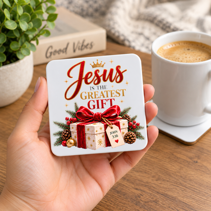 Inspirational Religious Hardboard Coaster "Jesus Is The Greatest Gift" Graphic 9cm x 9cm Square Drinks Coaster "Wrapped Present with Crown, Red Ribbon & John 3:16 Gift Tag Novelty Mat | Christian Glossy Gift | Fast Dispatch by UK Seller (C3039)
