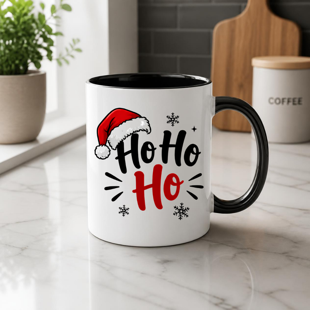 Christmas Santa Hat Mug "Ho Ho Ho" Ho Ho Ho 325ml Ceramic Coffee Mug – Festive Santa Claus Typography Slogan with Red Santa Hat, Snowflakes & Burst Lines | Winter Holiday Gift | Fast Dispatch by UK Seller (M3436)