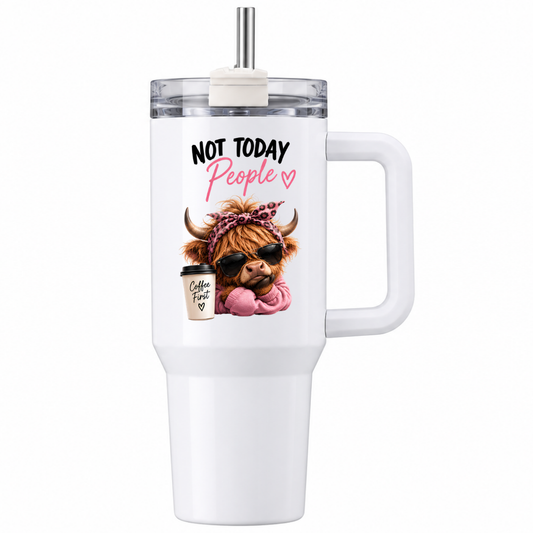Funny Sassy Highland Cow Travel Tumbler "Not Today People" Graphic 40oz Stainless Steel Insulated Travel Mug with Handle & Straw – Moody Cow with Sunglasses, Leopard Headband, Jumper & Coffee Cup Novelty Travel Cup | Fast Dispatch by UK Seller (T3026)